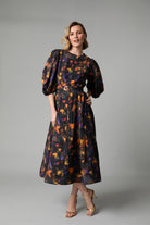 Fee G Kate black floral puff sleeve belted midi dress for occasions