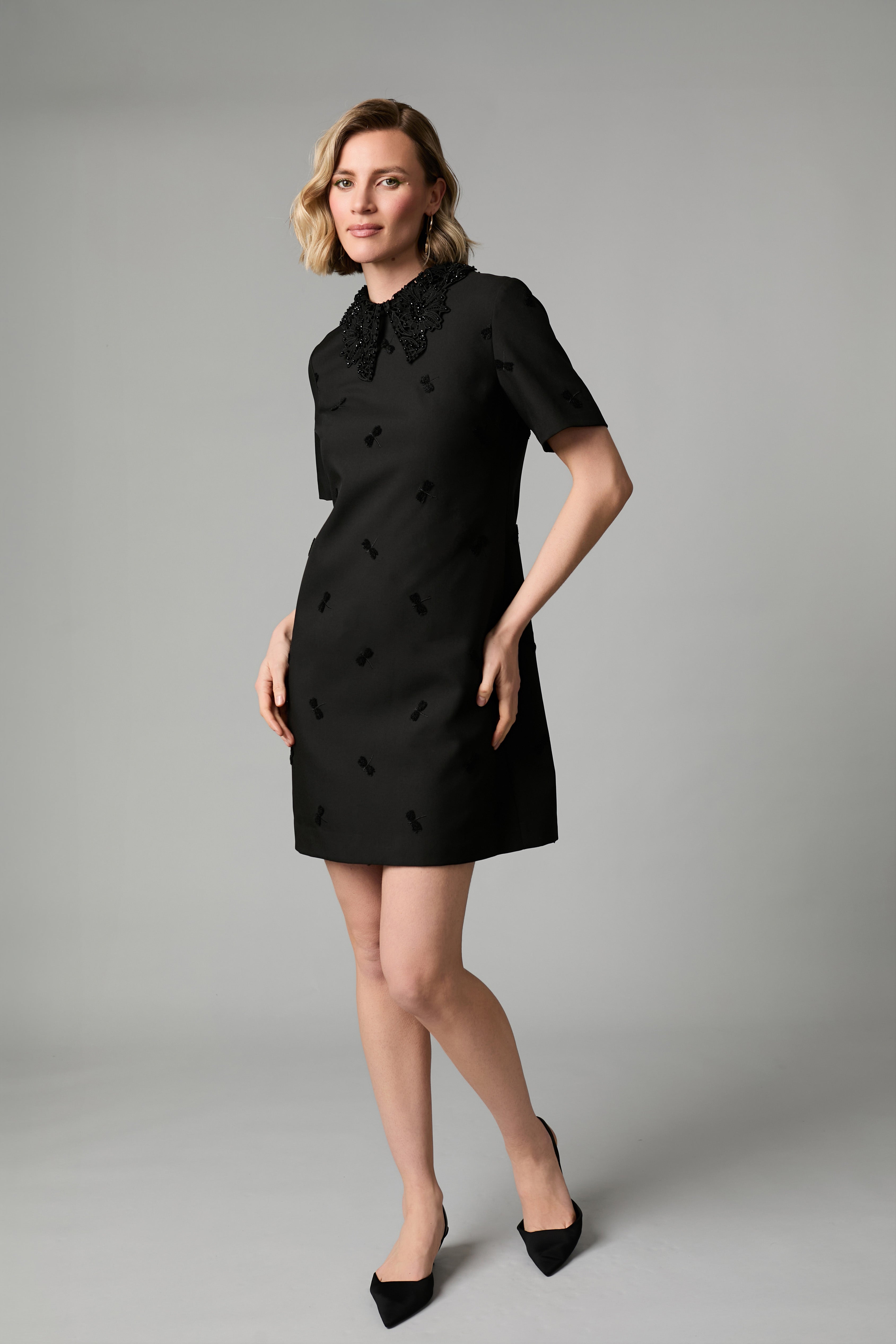 Fee G Dragonfly black embellished mini occasion dress angled view