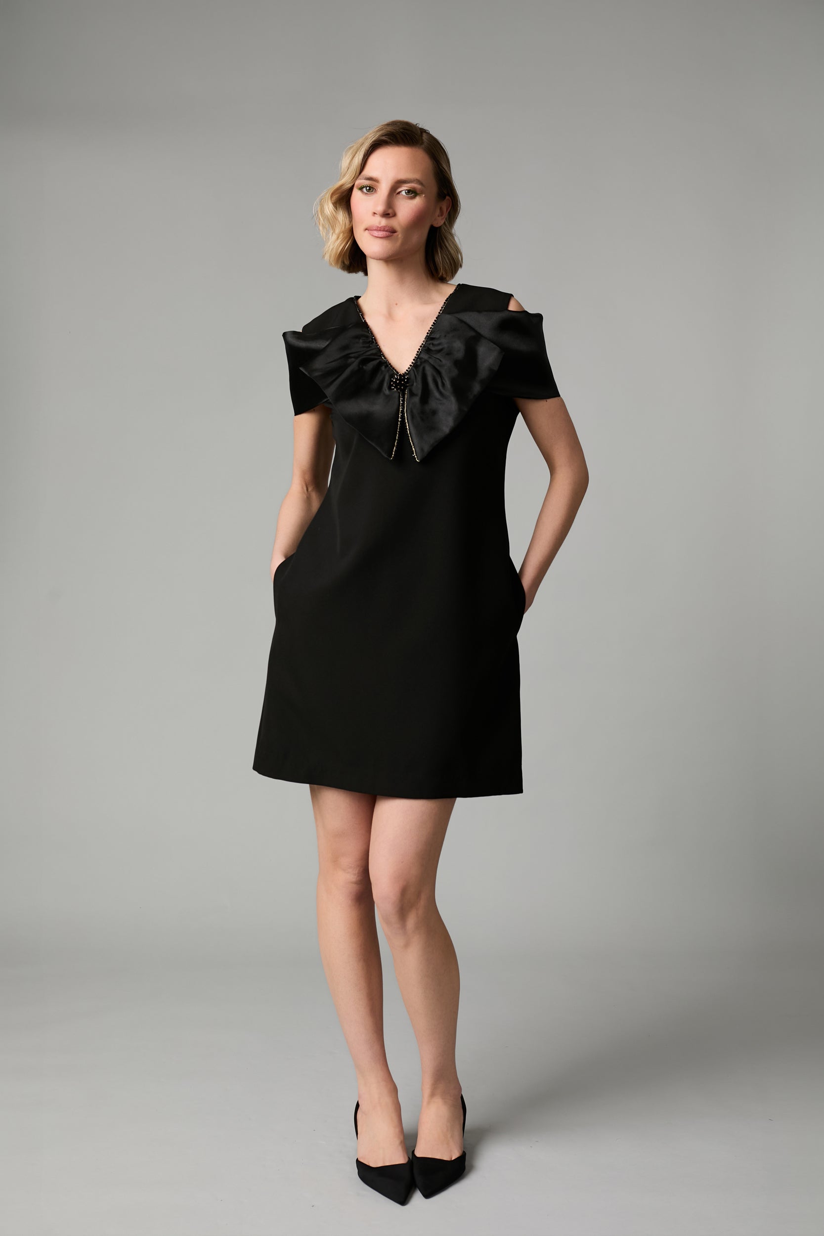 Fee G Coco black bow shoulder mini occasion dress front view