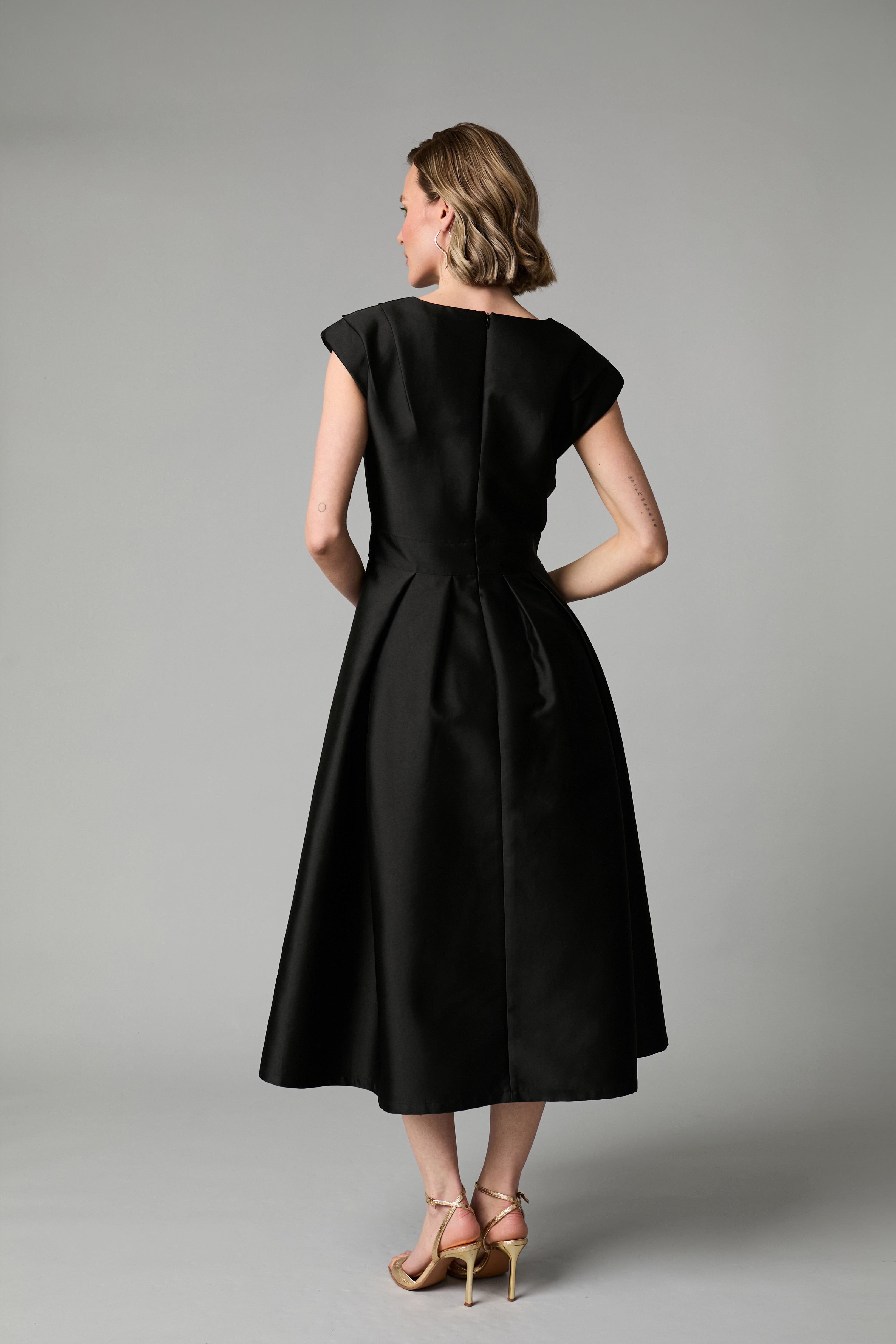 Fee G Grace black full skirt midi dress back view
