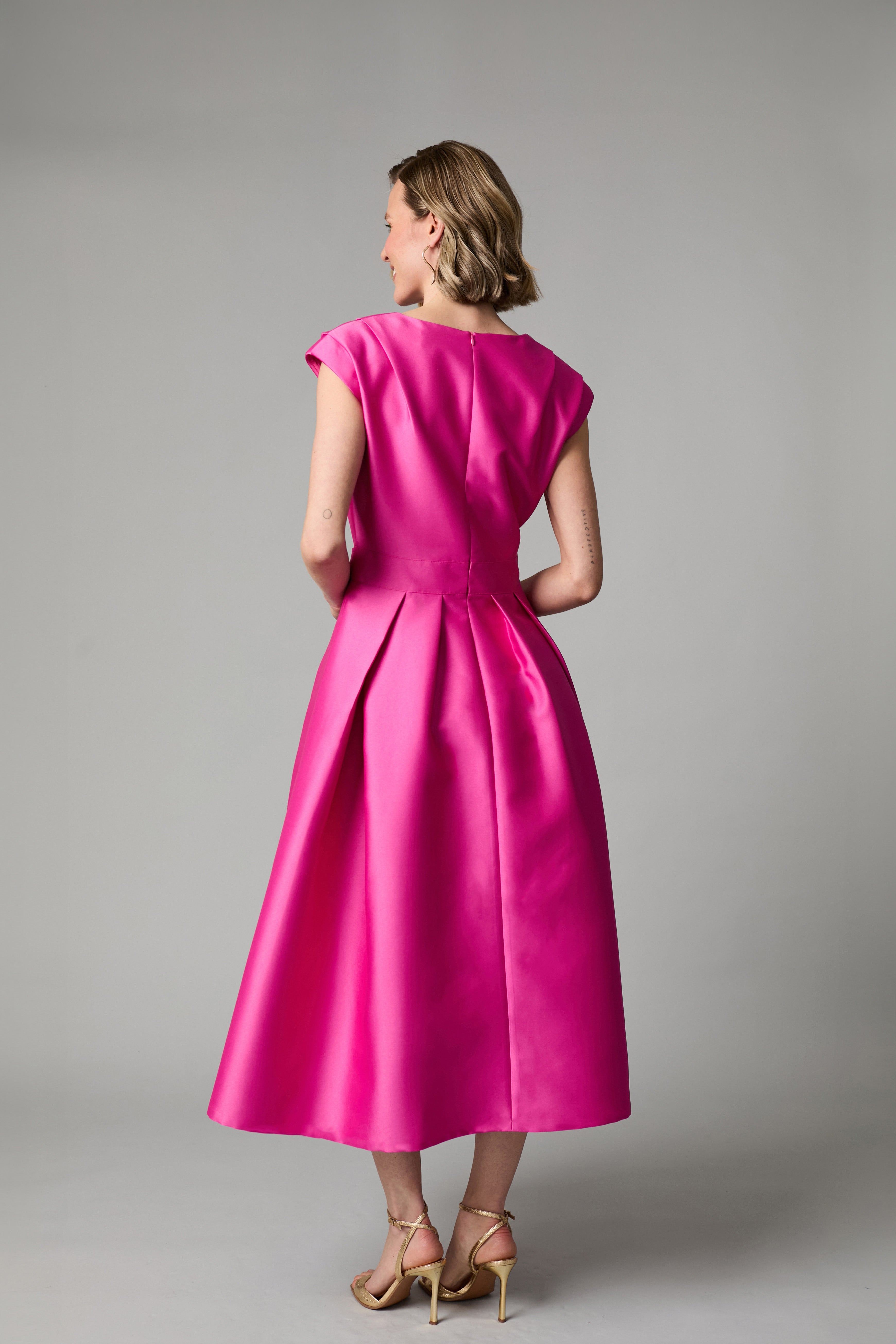 Fee G Grace pink full skirt midi occasion dress back view
