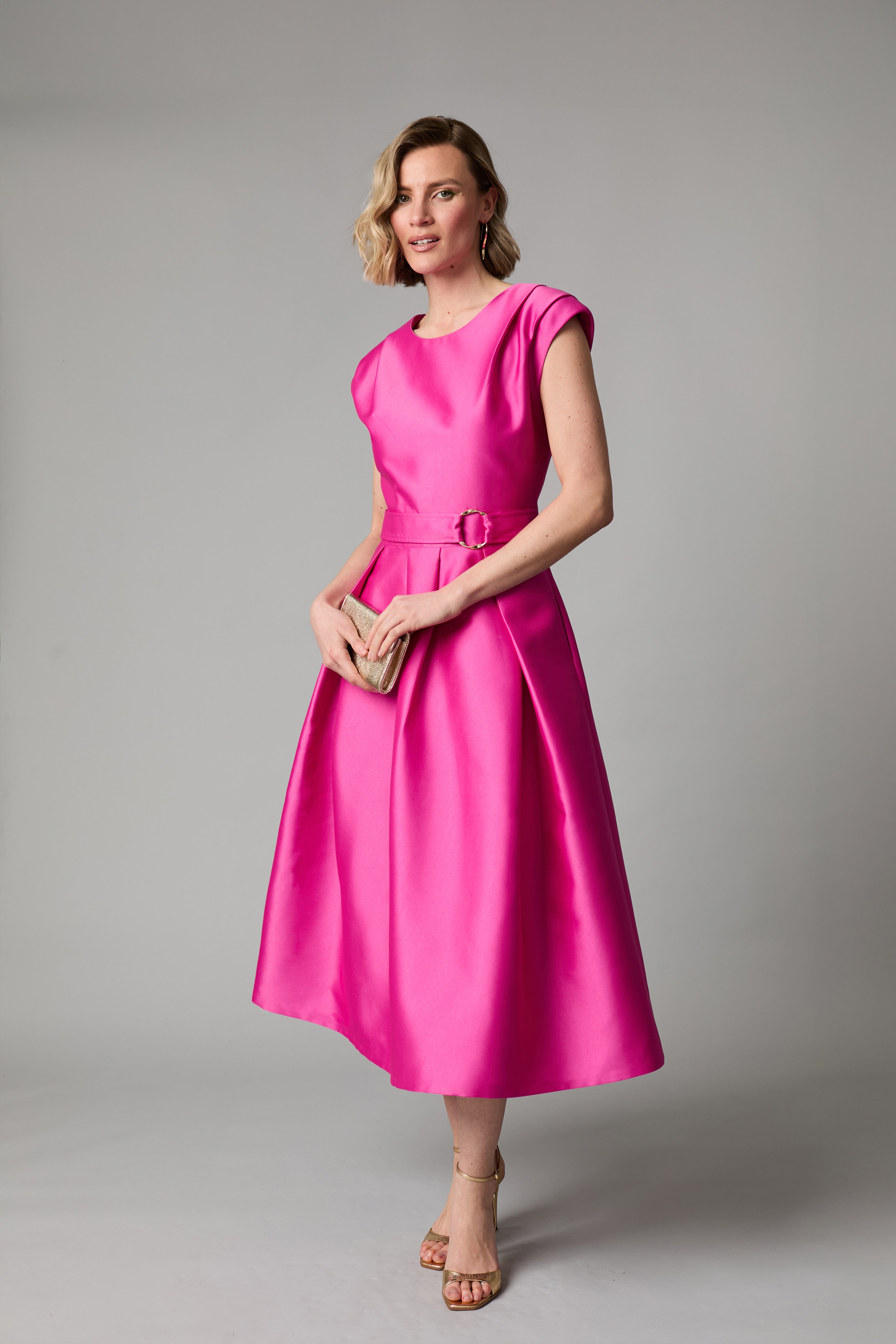 Fee G Grace pink A-line midi mother of the bride occasion dress with pleated shoulders