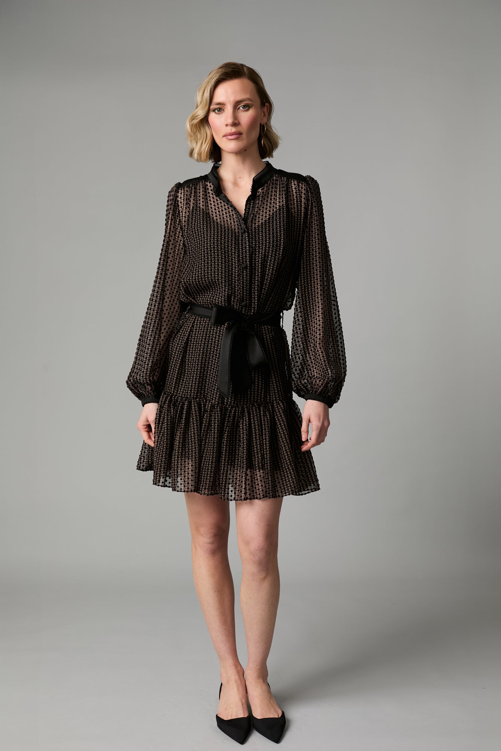 Fee G Harriet black velvet spot mini dress with satin belt