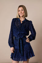 Fee G Harriet navy devoré velvet party dress with satin tie belt