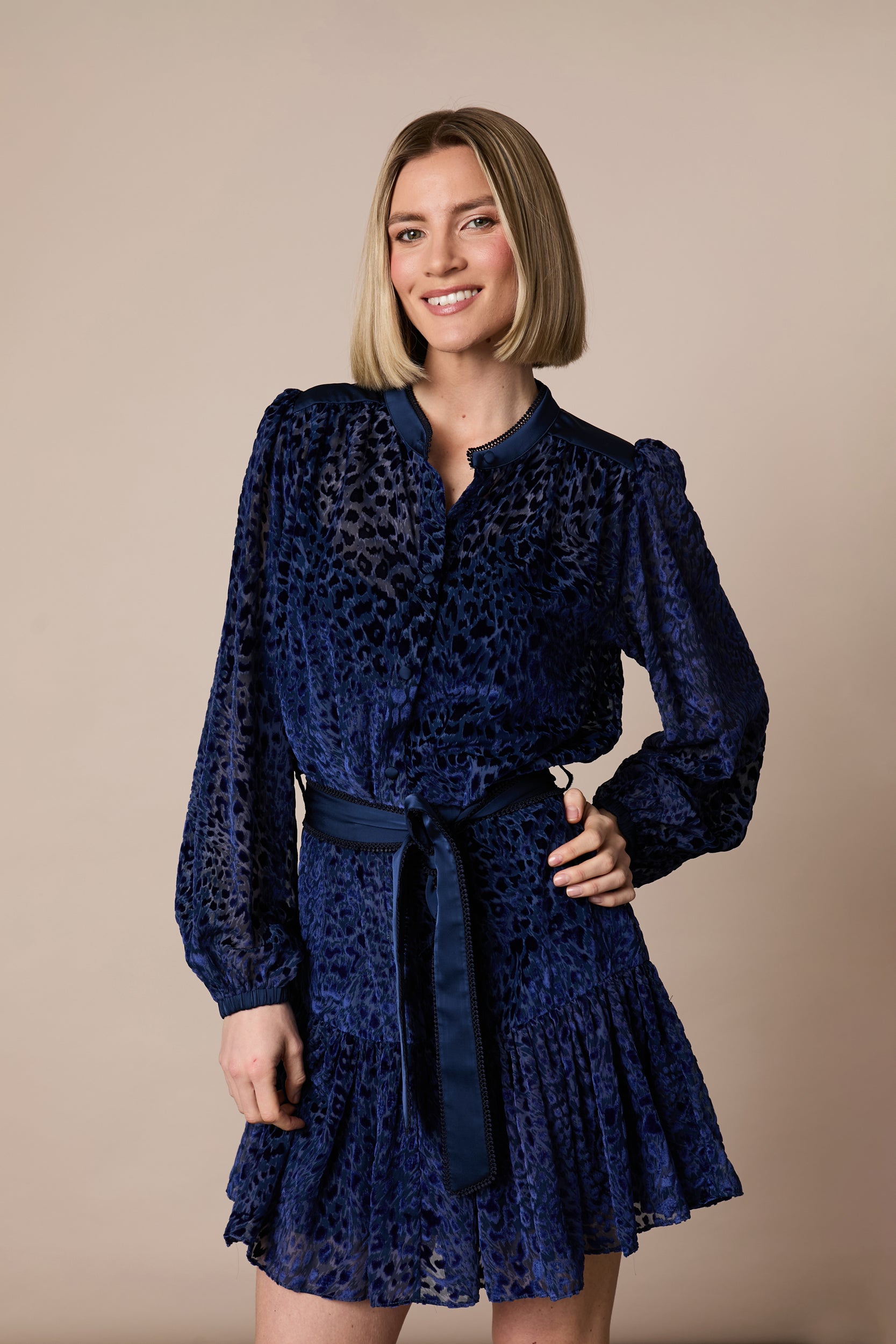 Fee G Harriet navy devoré velvet party dress with satin tie belt