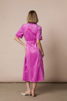 Back view of Fee G Roxanne pink cord midi dress