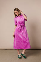 Fee G Roxanne pink corduroy midi shirt dress front view