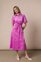 Fee G Roxanne bubblegum pink cord midi shirt dress with tie belt