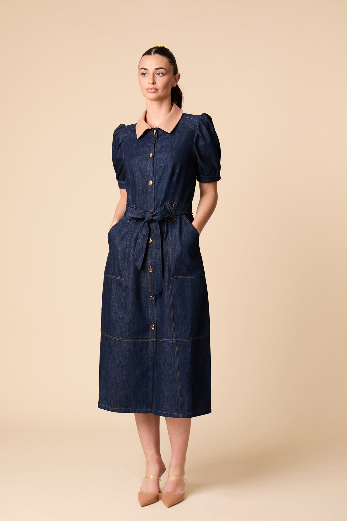 Fee G Ivy belted denim midi dress with gold button front