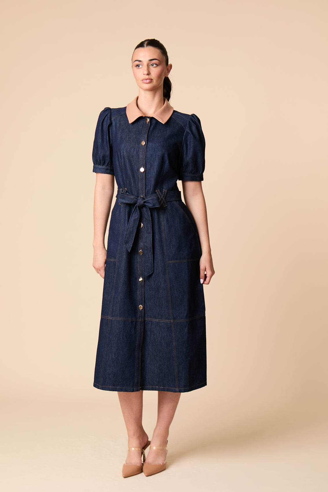 Fee G Ivy denim shirt midi dress with contrast collar and tie belt