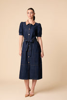 Fee G Ivy denim shirt midi dress with contrast collar and tie belt