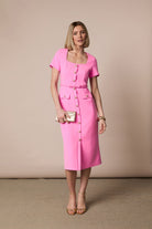 Fee G Felicity pink tailored button front midi dress with belted waist