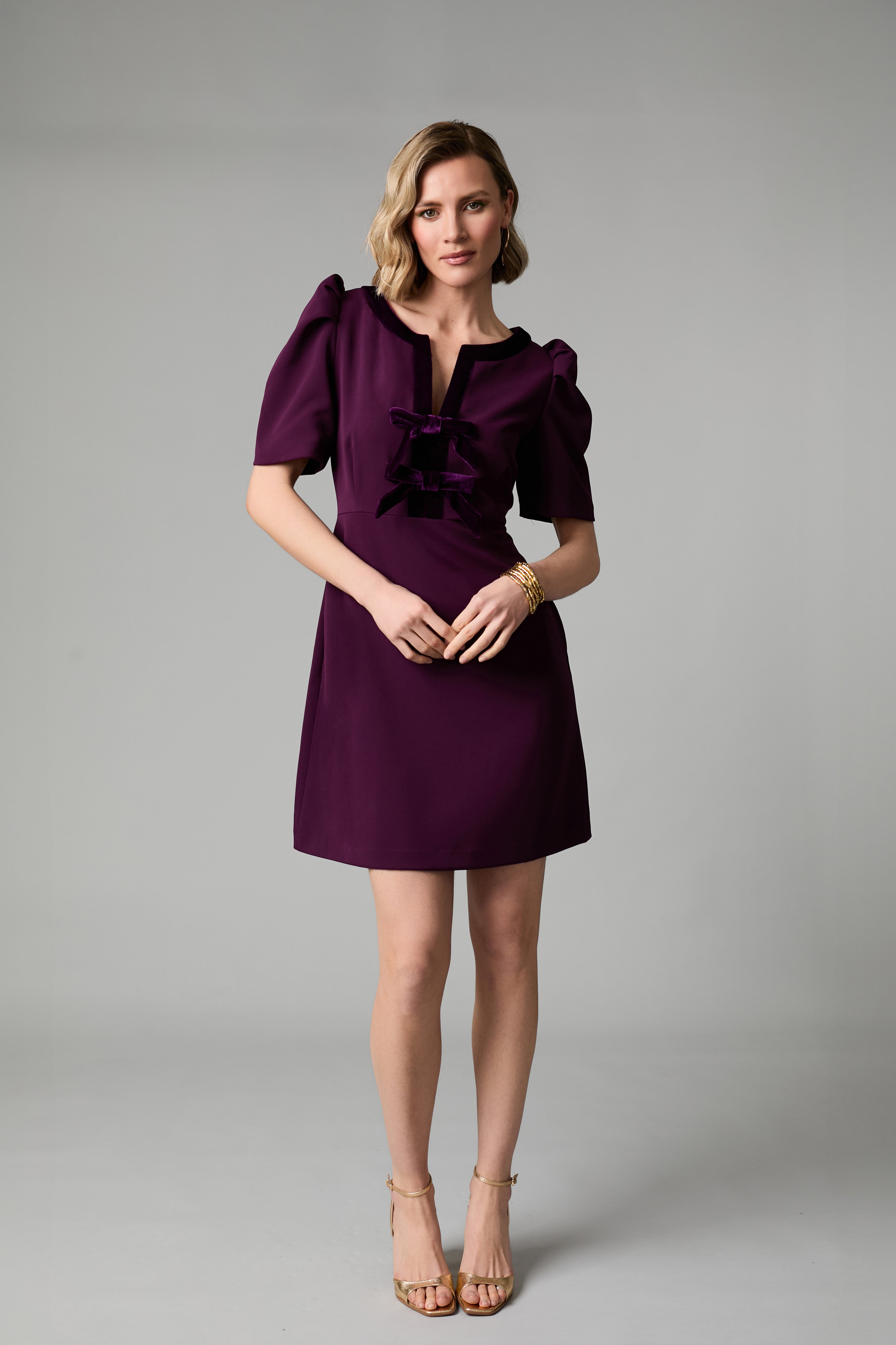     Fee G Sara velvet bow detail puff sleeve mini dress in burgundy