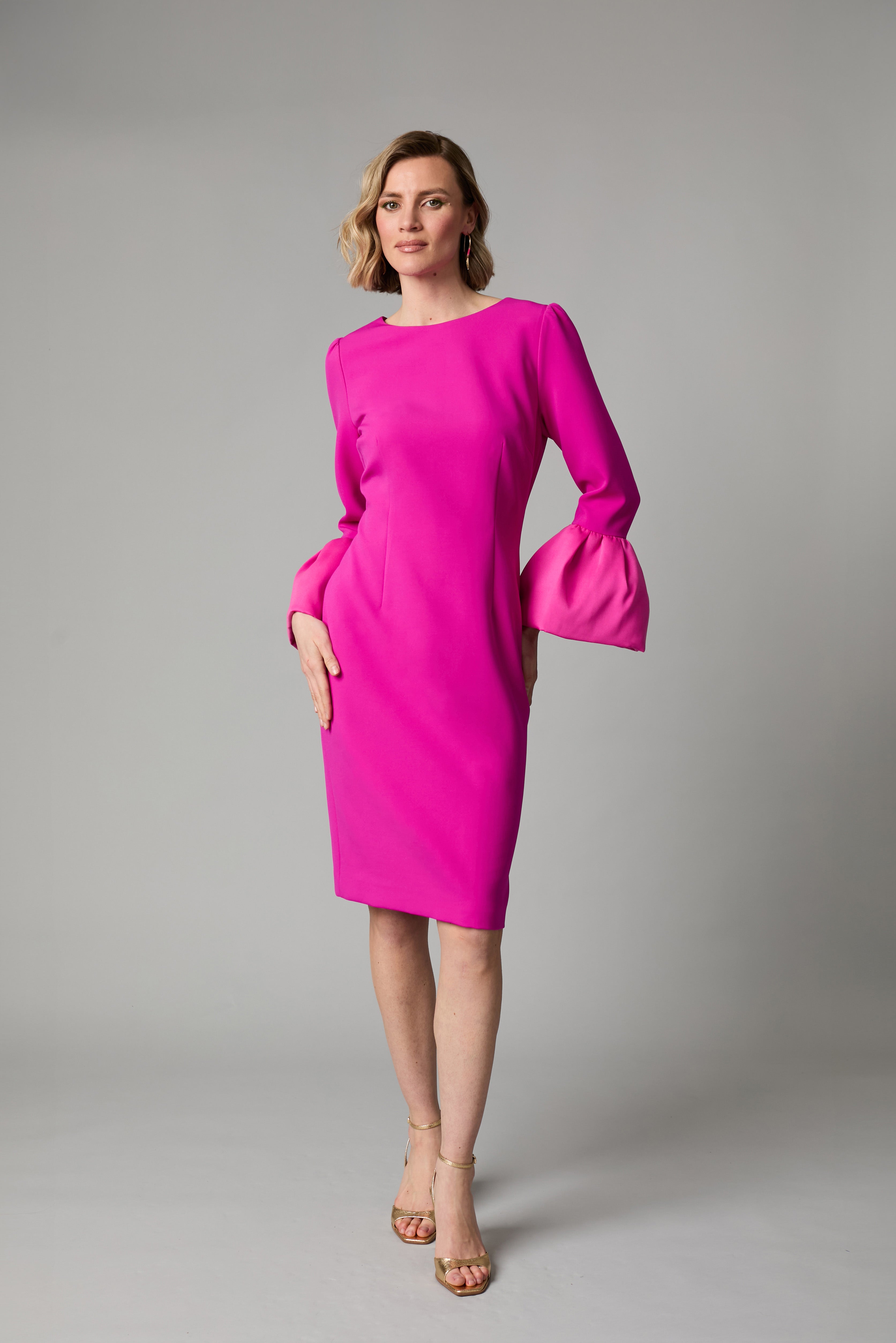 Fee G Julianna pink wedding guest dress with statement taffeta cuffs