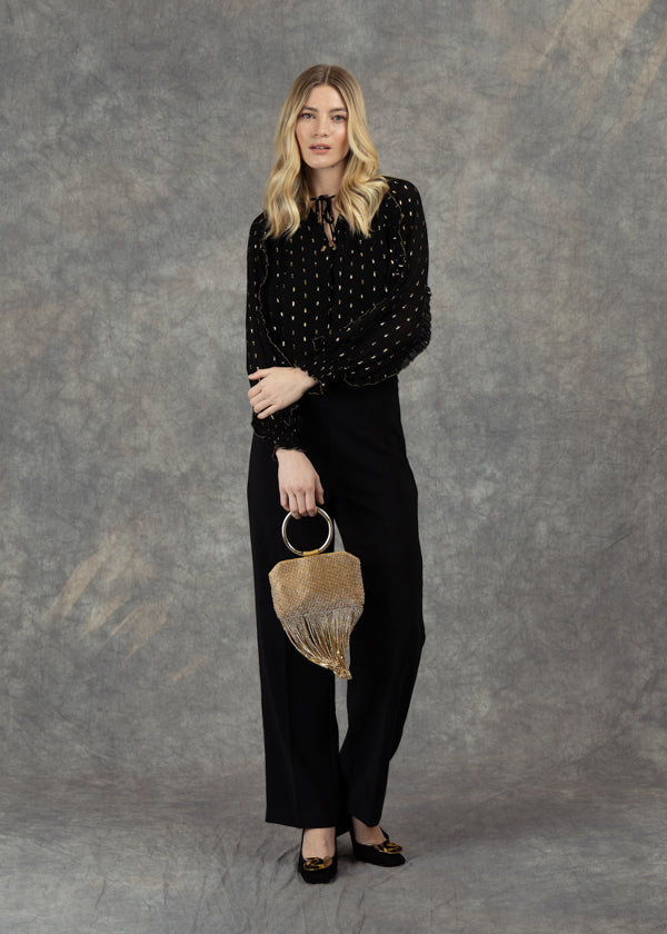 Fee G Lolla Black Lurex Tie Neck Blouse