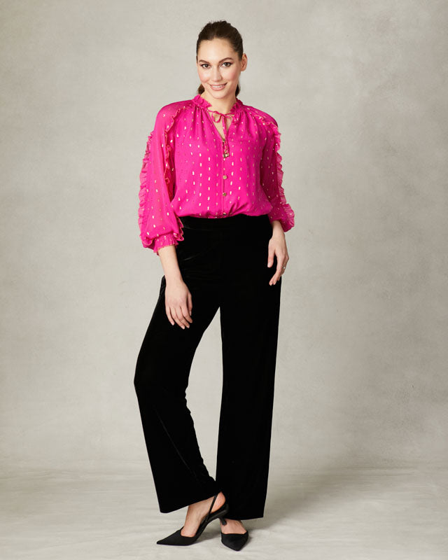 Fee G Abby pink ruffle trim dressy blouse with gold accents 