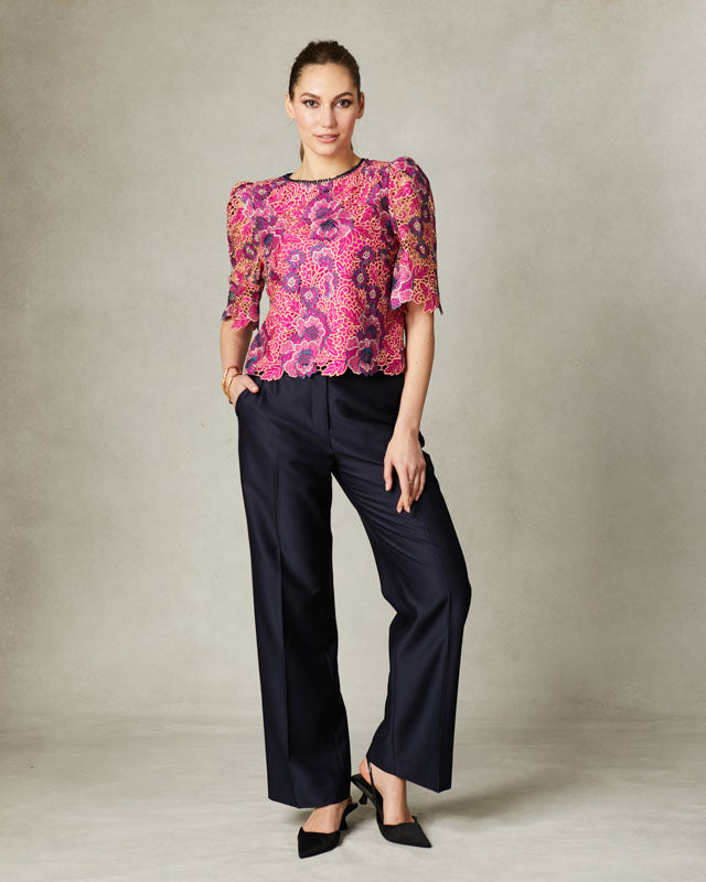 Fee G Sophia embroidered lace top in pink and purple with diamante accents.