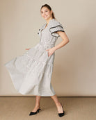 Occasion a-line midi dress with shimmer details and bold stripes by Fee G