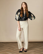Fee G Mila black floral print puff sleeve blouse with V-neckline with smart tailored trousers 