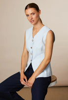 Fee G Jade pastel blue sleeveless cotton waistcoat with tapered fit