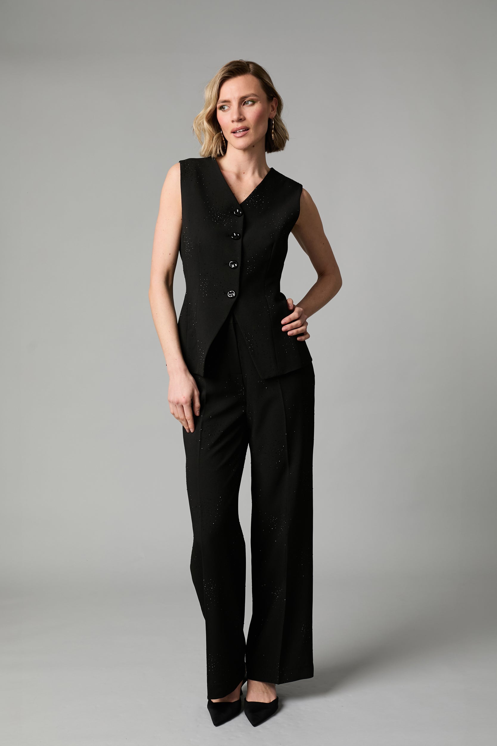 Fee G black sparkly fitted waistcoat full-length front view