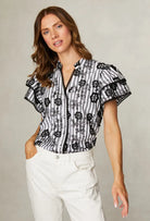 Fee G Ria striped floral print top with embroidered detailing and scalloped lace trim