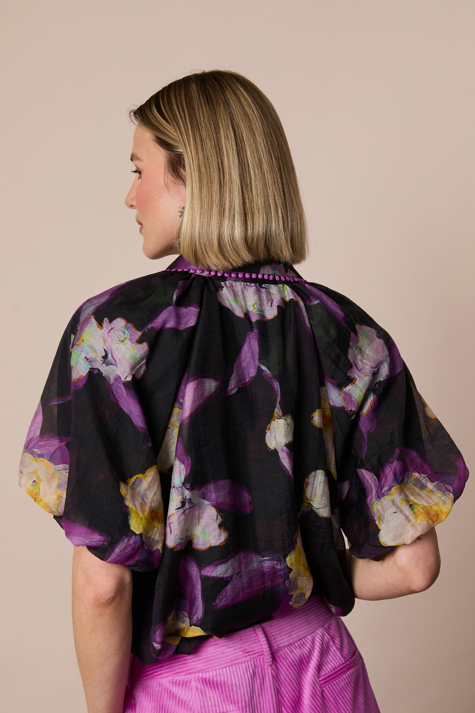 Back view of Fee G Dee floral print volume sleeve blouse