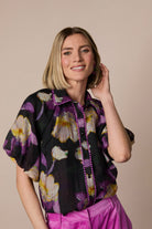 Fee G Dee purple floral print volume sleeve blouse