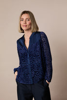 Fee G Elise navy devoré animal print blouse angled front view