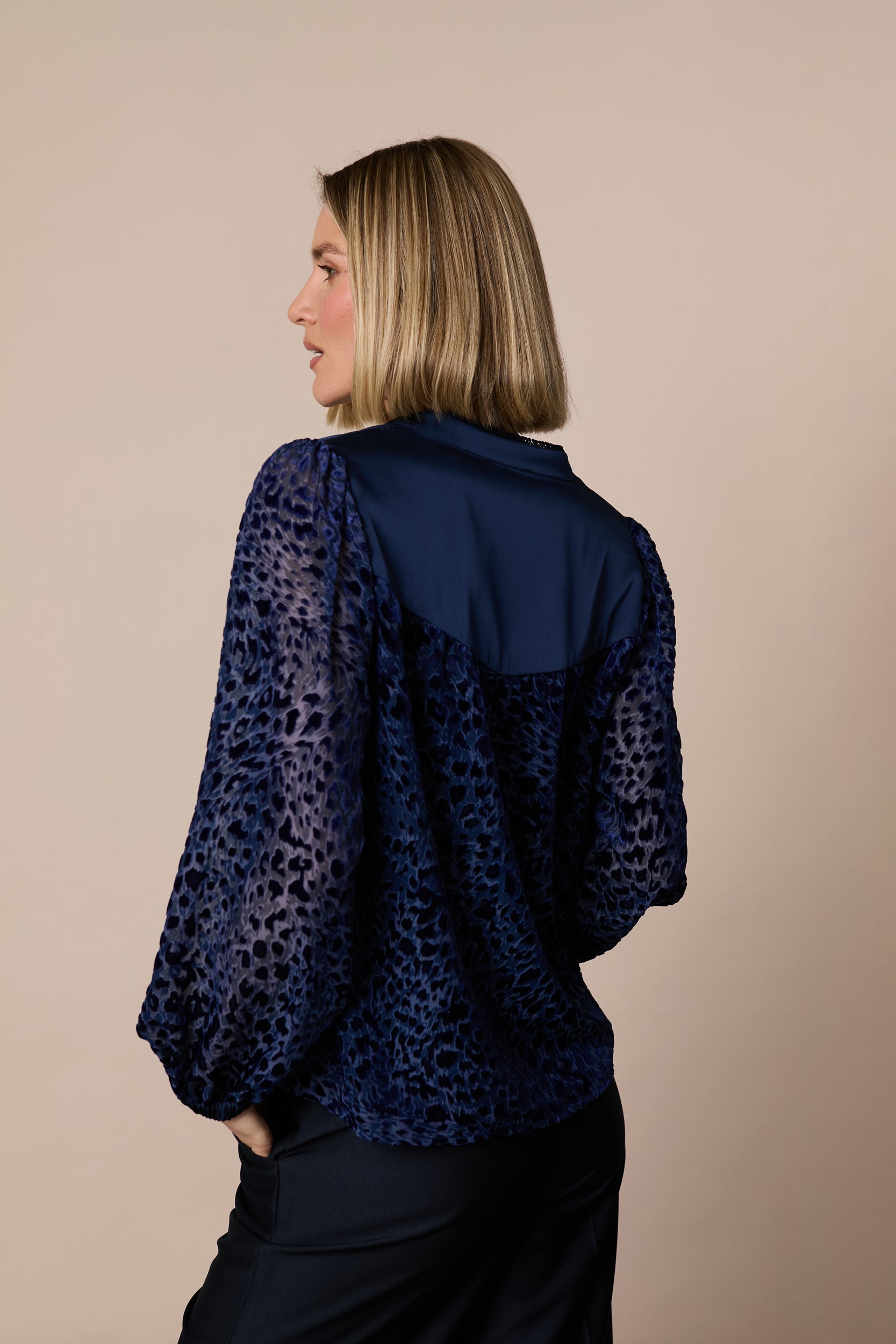Fee G Elise navy velvet animal print blouse back view