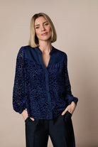 Fee G Elise navy velvet animal print blouse front view