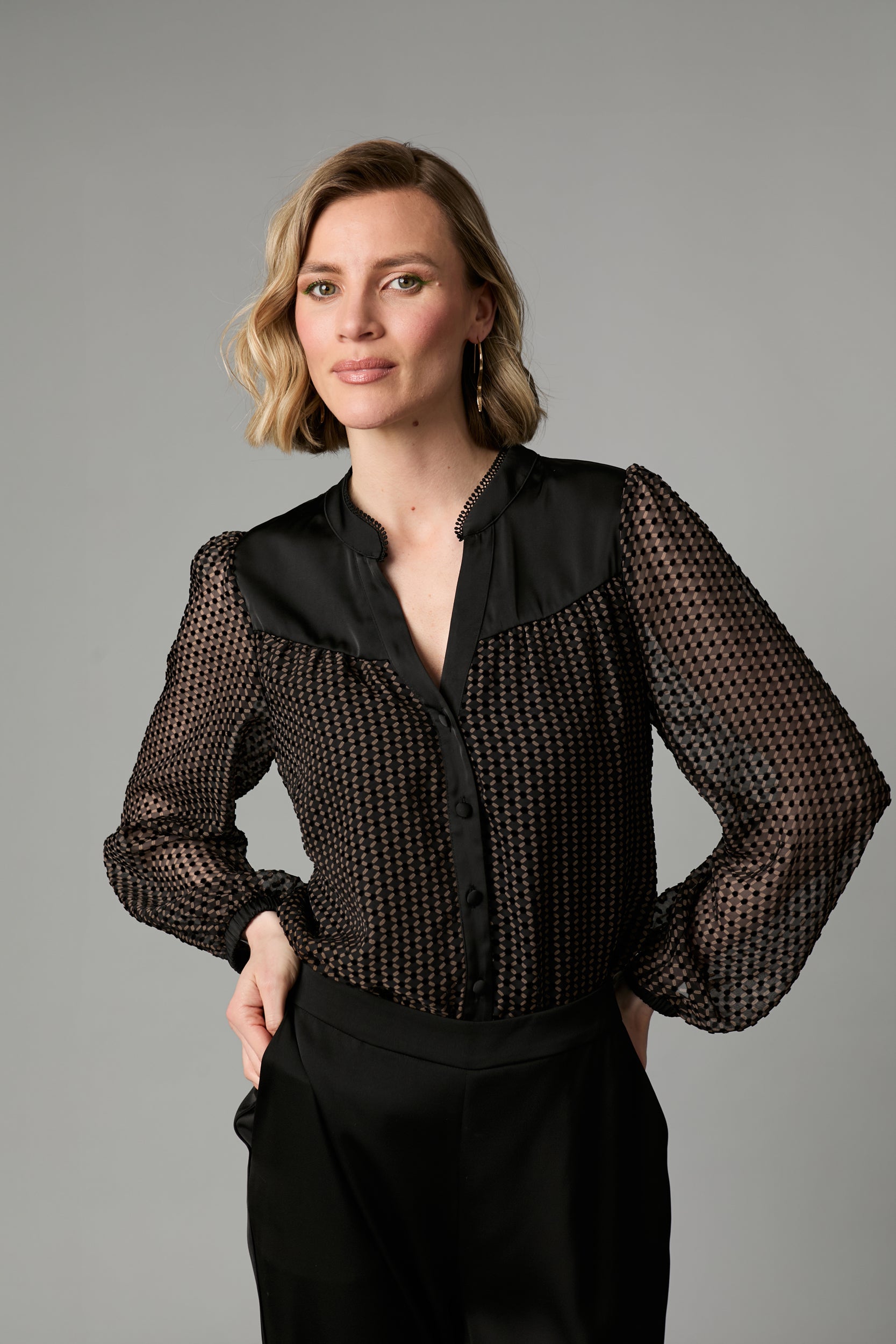 Fee G Elise black velvet dot devore blouse front view