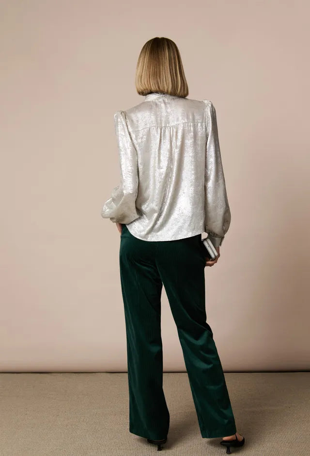 Fee G Amy silky bow blouse back view with billowing long sleeves