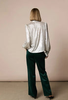 Fee G Amy silky bow blouse back view with billowing long sleeves