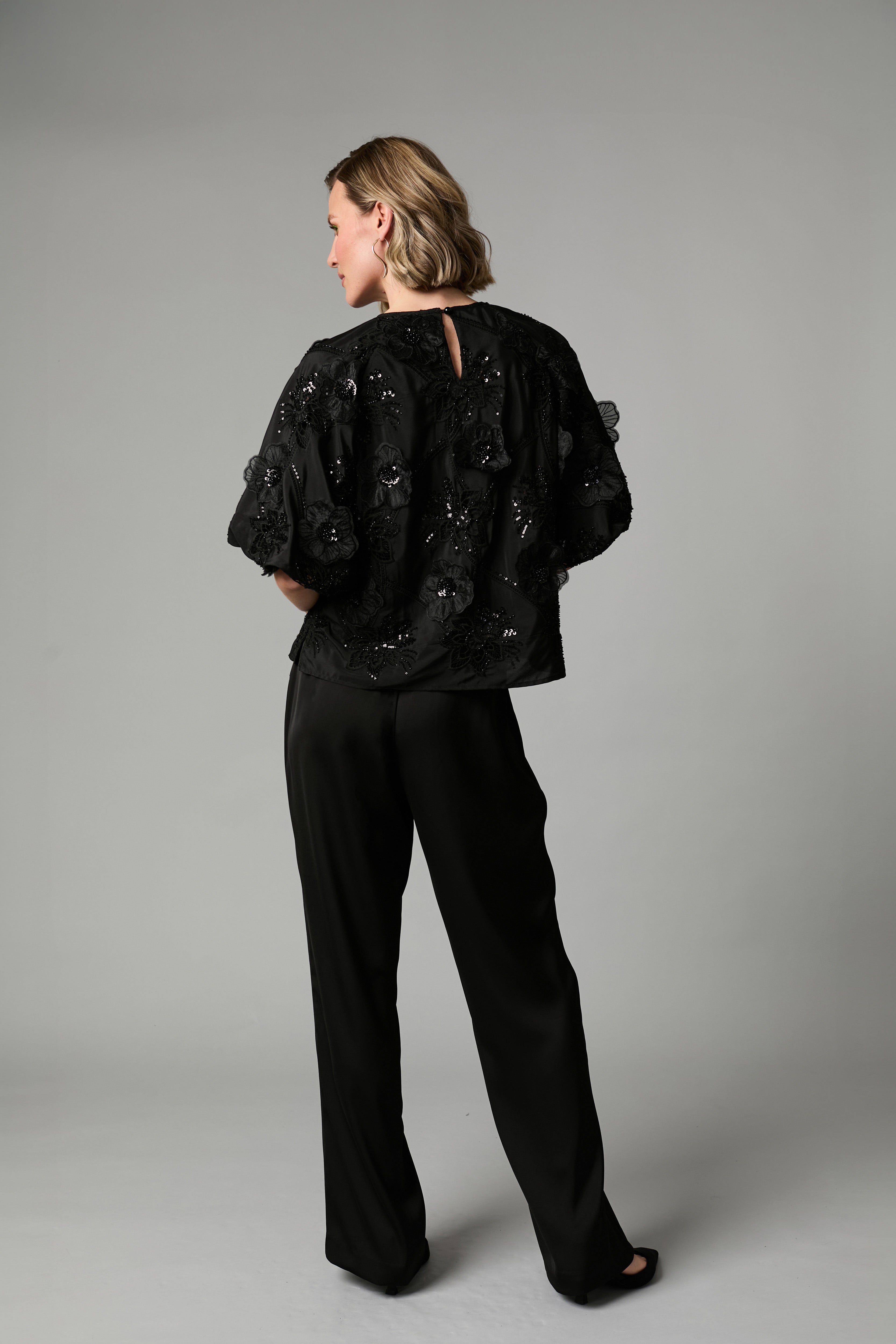 Fee G Renee black floral embroidered top back view