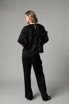 Fee G Renee black floral embroidered top back view