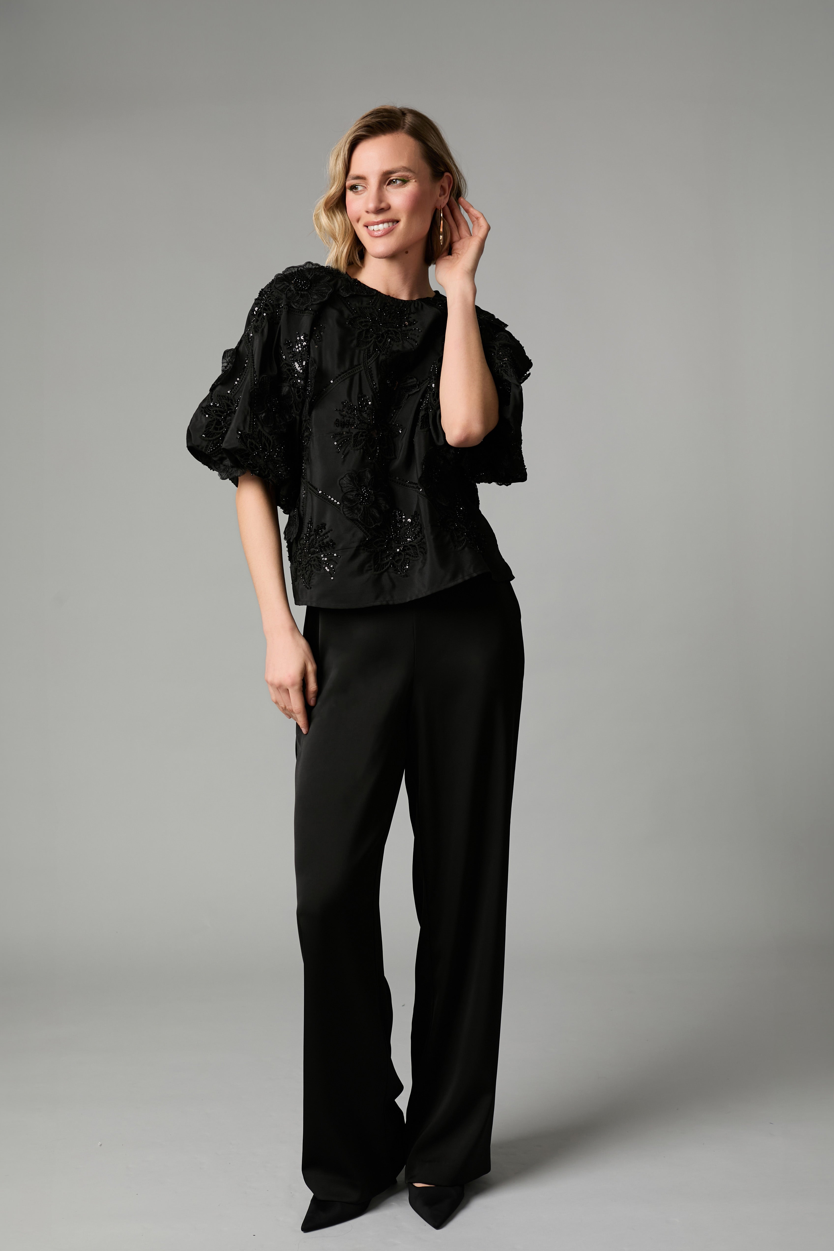Fee G Renee dressy black sequin flower top full length view
