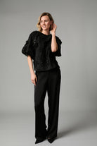 Fee G Renee dressy black sequin flower top full length view