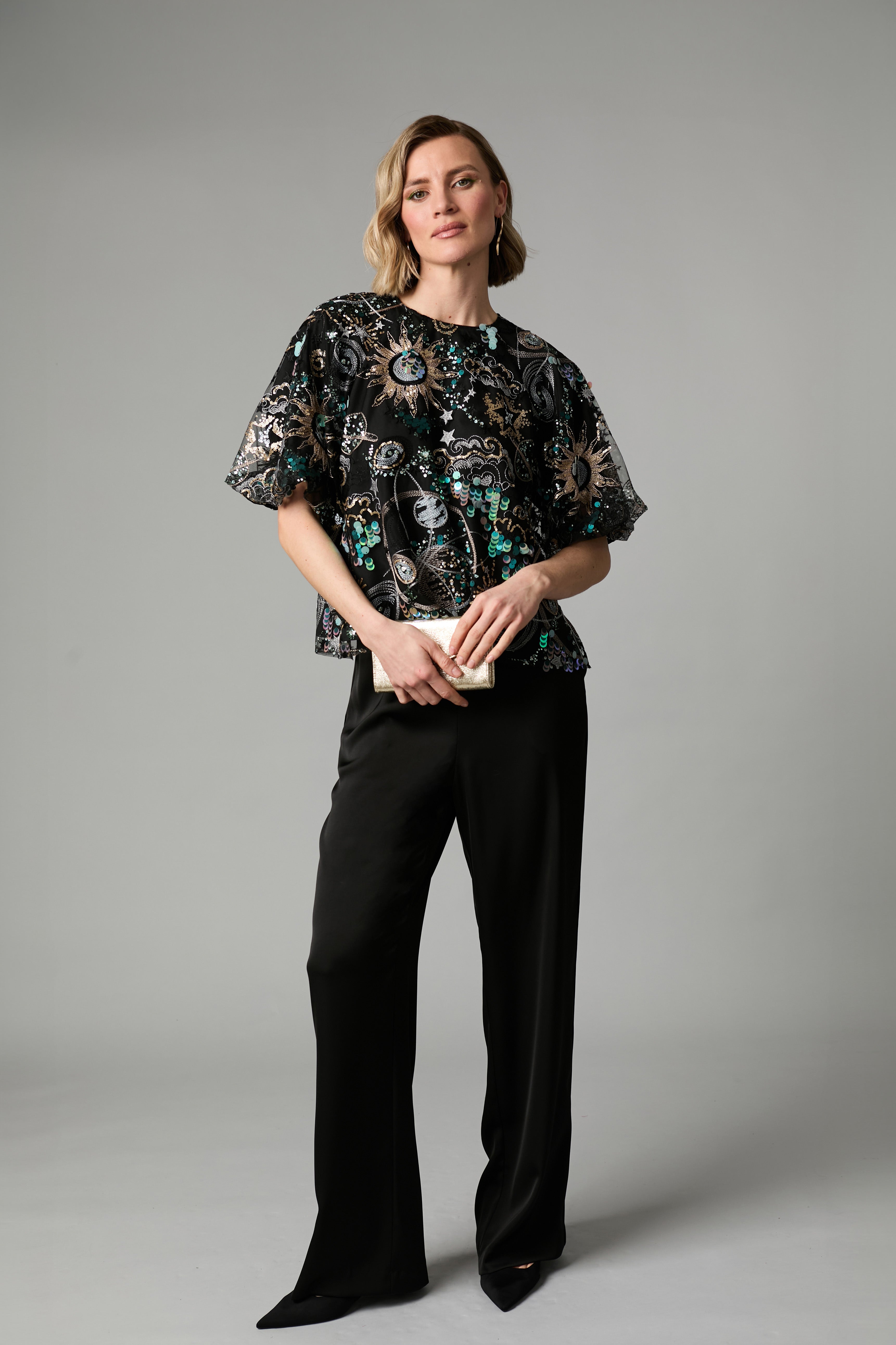 Fee G Stellar black embroidered sequin occasion top front view