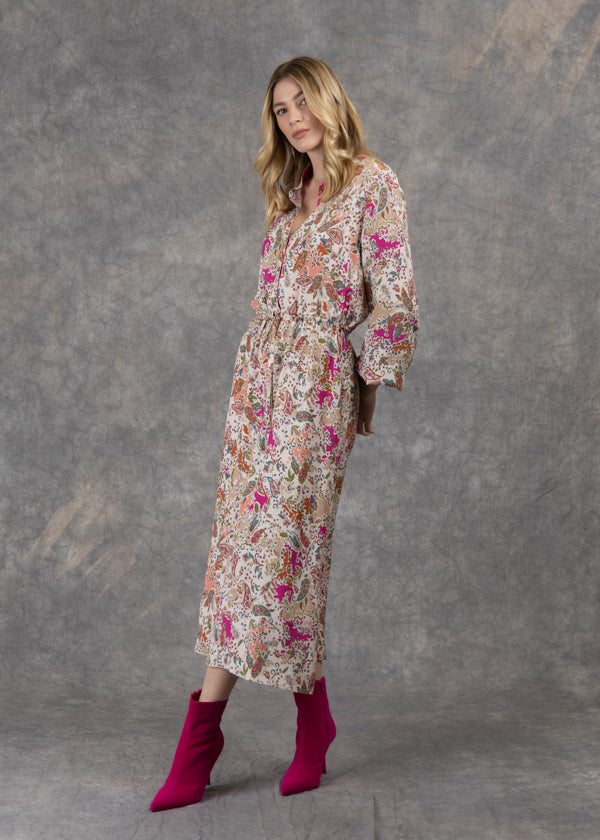 Fee G Carrie Beige/Pink Ditzy Floral Print Long Dress