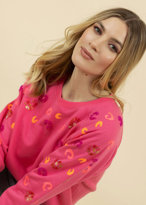 Fee G Day X Animal Beads Embroidered Pink Sweatshirt