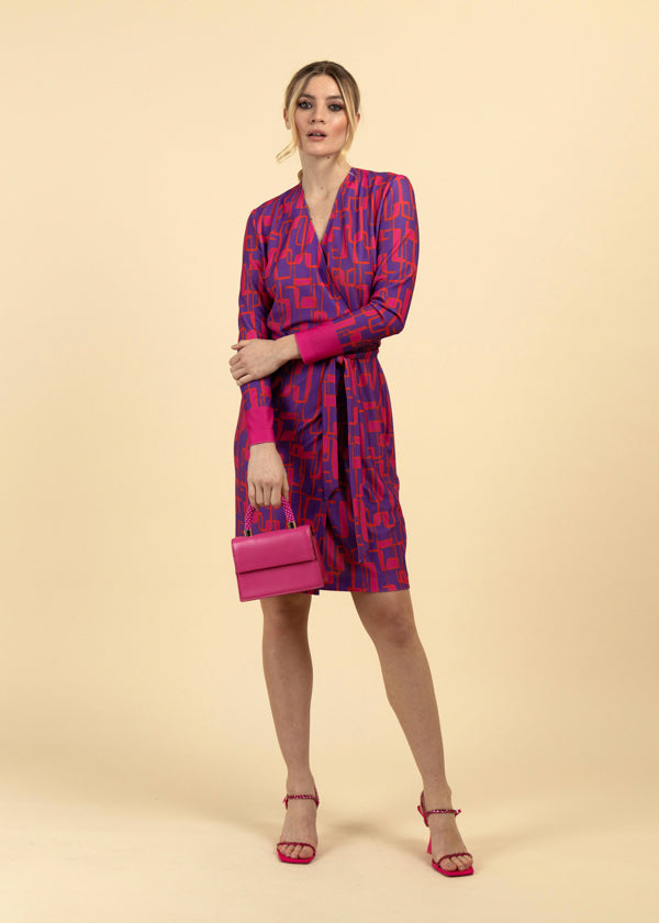 Fee G Kara Purple/Pink Retro Print Wrap Dress