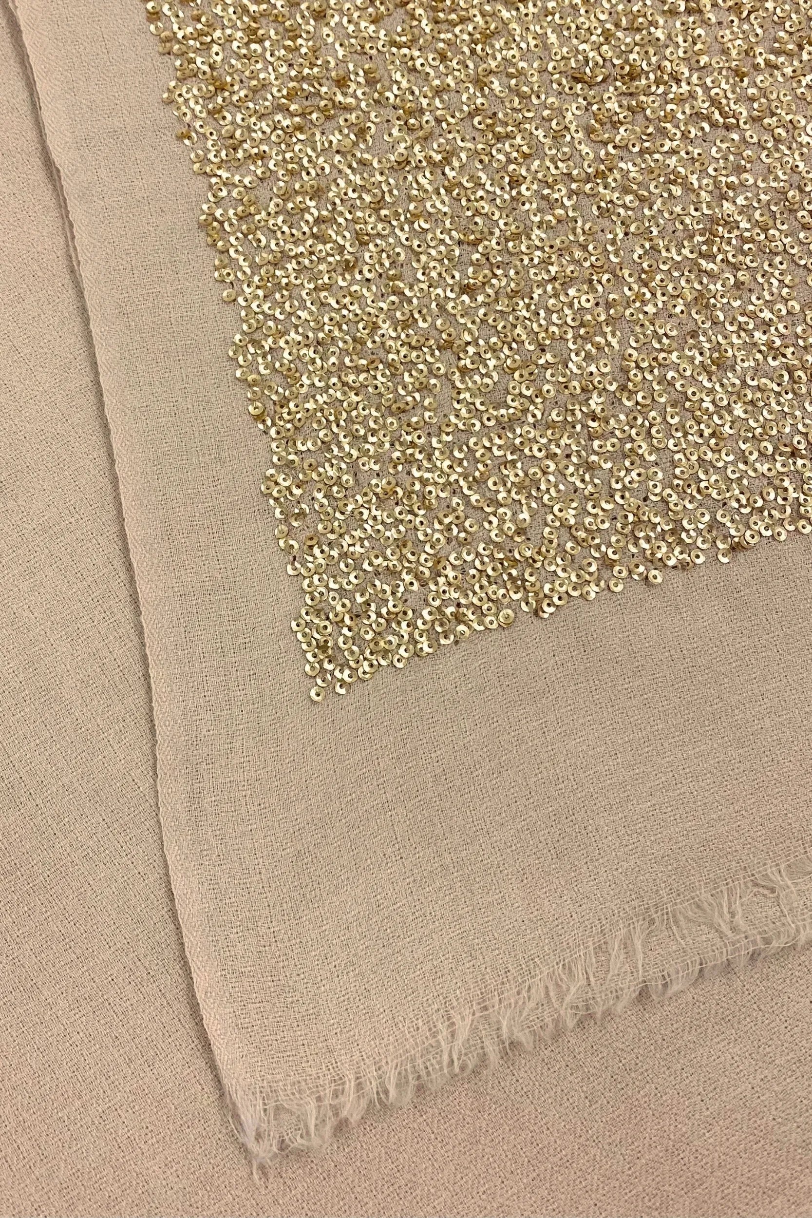 Fee G beige pashmina scarf with gold sequin embellishment close-up