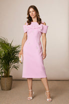 Fee G Phoebe pastel pink off-shoulder bow front midi dress with crystal embellishment
