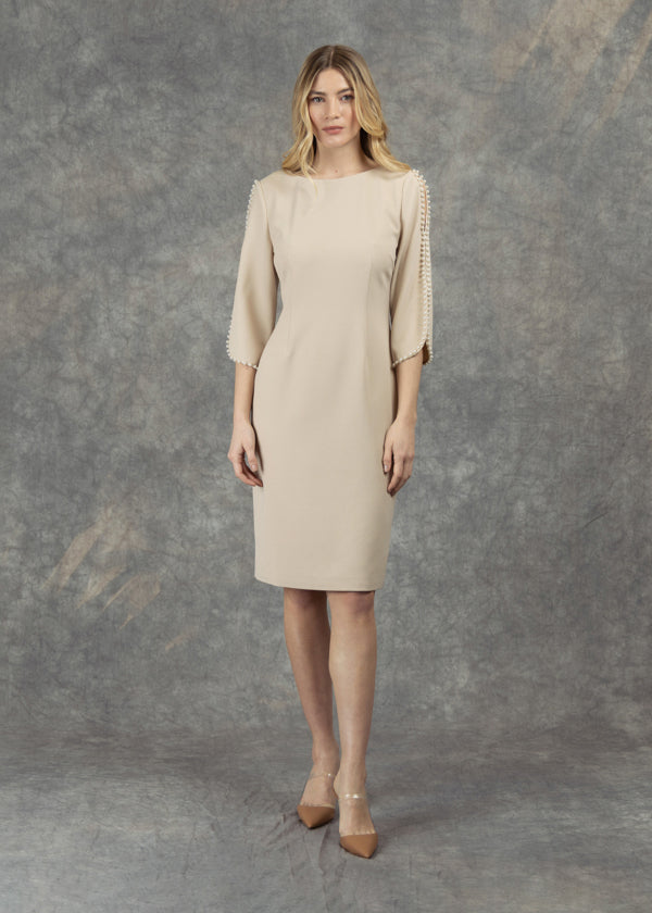 Fee G Rita Tailored Pearl Bead Detail Dress in Biscuit