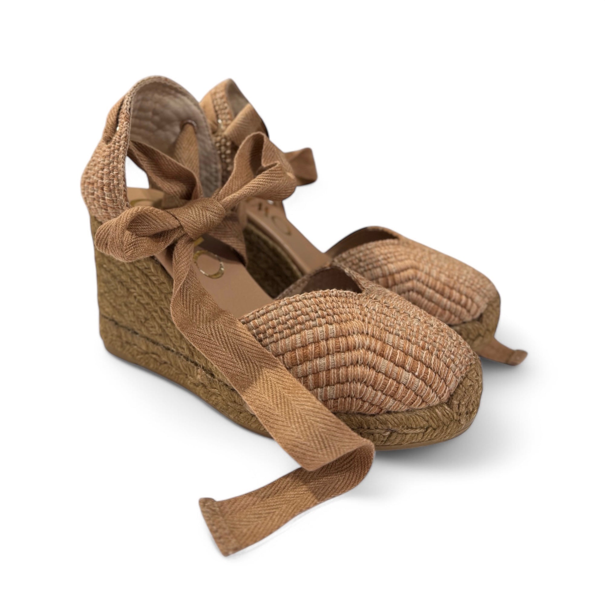 Gaimo Abilo Woven Espadrille Wedge Shoes With Ribbon Ankle Ties - 2 / Camel