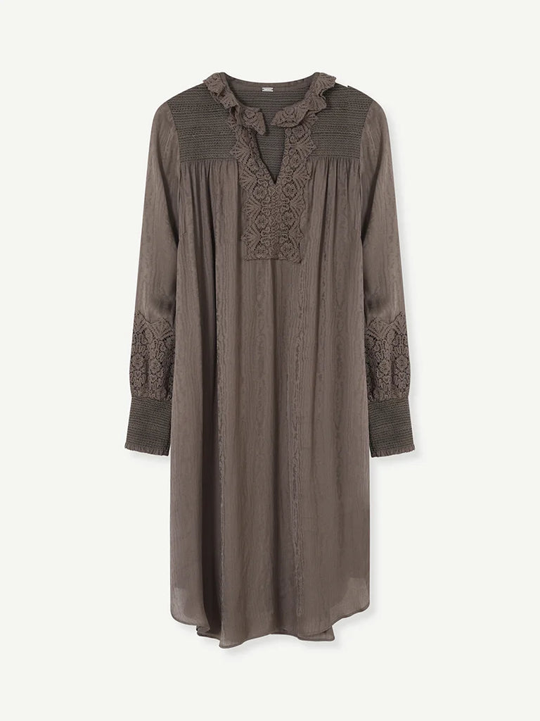 Gustav Carla Taupe Lace Detail Loose Fit Shirt Dress