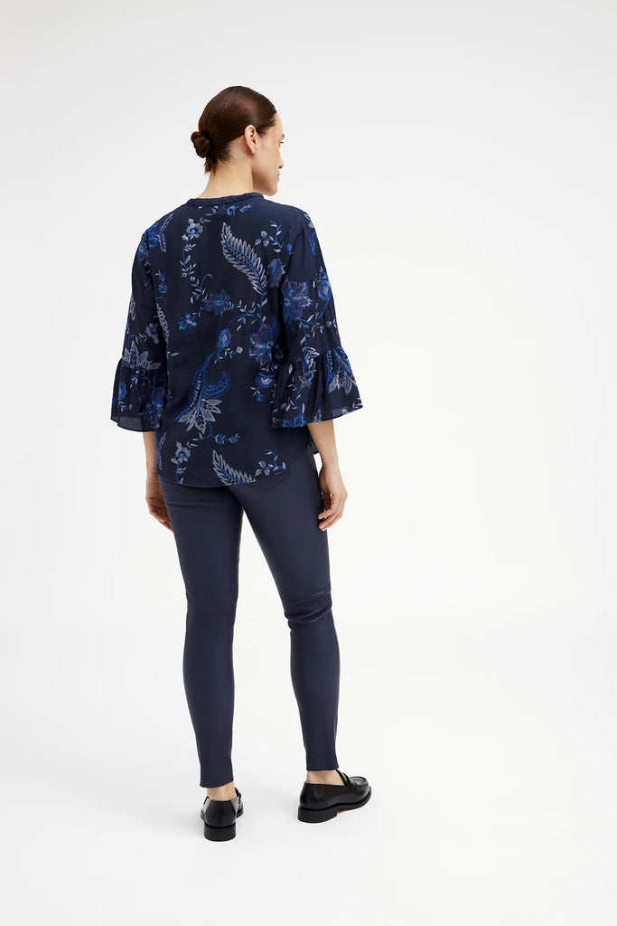 Gustav Janni Navy Embroidered Floral Print Top With Flute Sleeve From Back