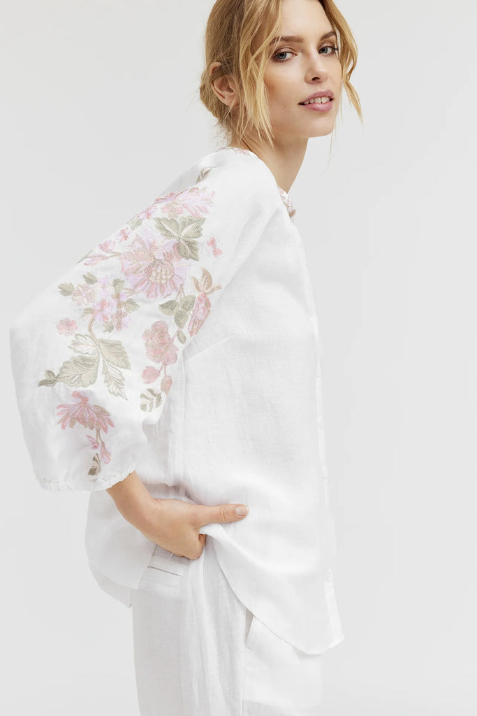Gustav Annsofie White Blouse With Pink Floral Balloon Sleeve