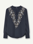 Gustav Navy Embroidered Long Sleeve Top With Smock Cuffs